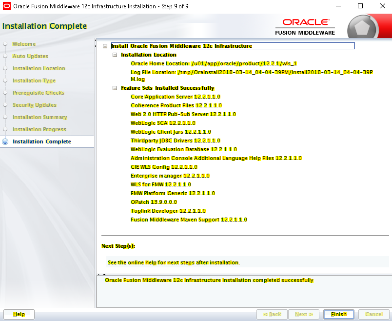 Pantalla final del instalador de Oracle Fusion Middleware Infrastructure 12.2.1