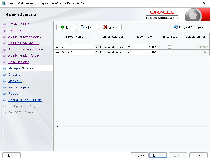 Managed Servers WebServer1 y WebServer2 en el puerto 7202