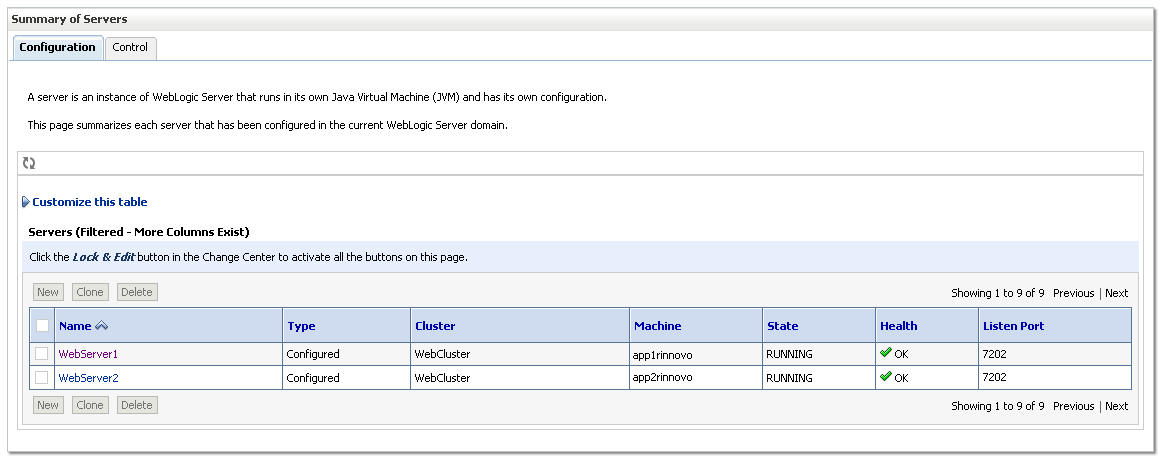WebServer1 y WebServer2 en estado RUNNING dentro del cluster