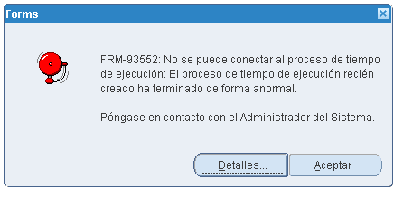 Diálogo de Oracle Forms con el error FRM-93552: no se puede conectar al proceso de tiempo de ejecución