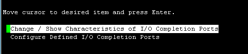Menú de smitty con la opción Change / Show Characteristics of I/O Completion Ports seleccionada