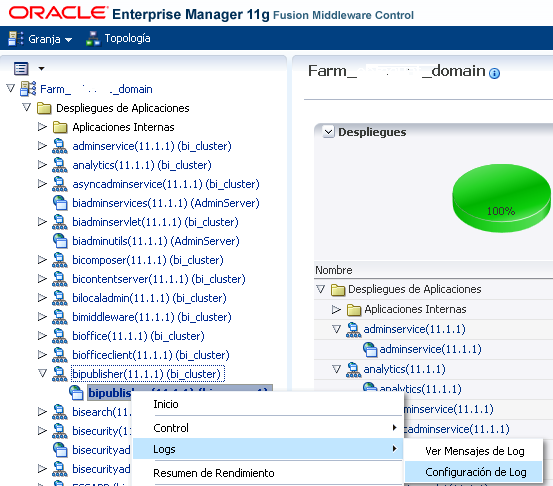 Árbol de Enterprise Manager con el menú contextual de bipublisher abierto en Logs y Configuración de Log