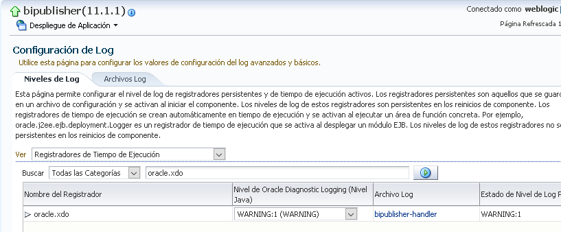Página de Configuración de Log filtrando el registrador oracle.xdo, con nivel WARNING:1