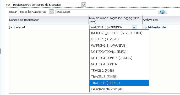 Desplegable de niveles de Oracle Diagnostic Logging con TRACE:32 FINEST seleccionado
