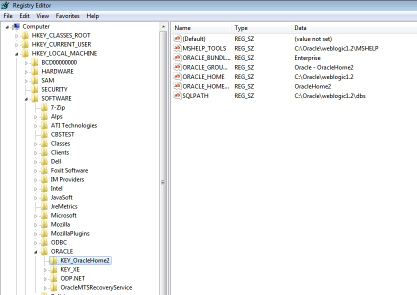 Editor del registro de Windows mostrando la clave del Oracle Home con solo seis variables