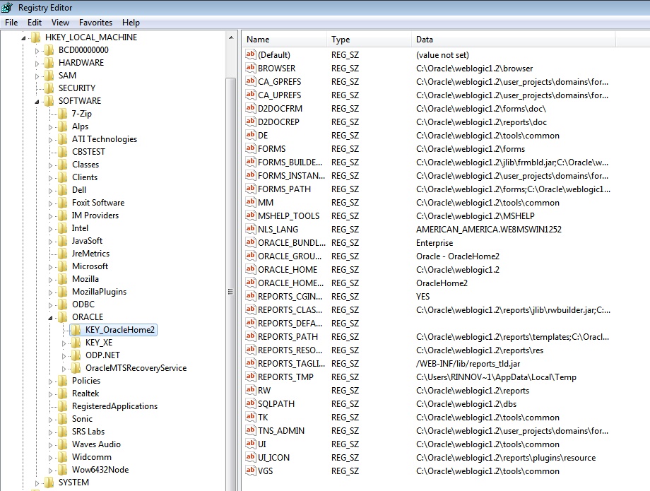 Editor del registro de Windows con la clave del Oracle Home poblada de variables: FORMS_PATH, NLS_LANG, TNS_ADMIN y las de Reports