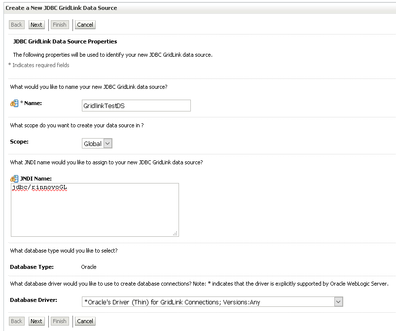 Asistente de WebLogic: propiedades del data source GridLink, nombre y JNDI