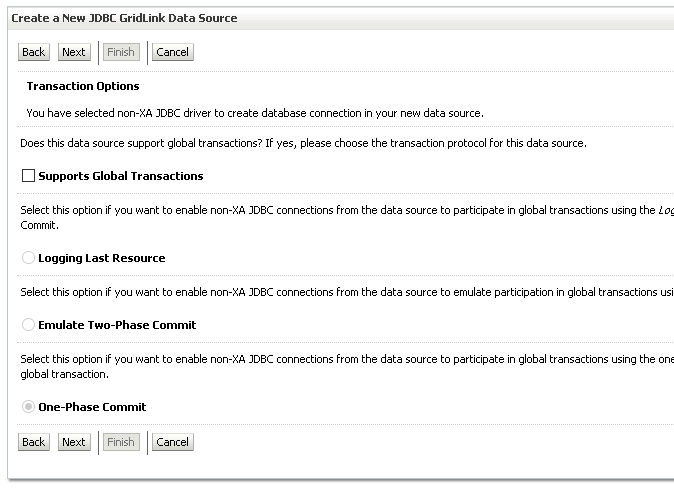 Asistente de WebLogic: opciones de transacción con Supports Global Transactions desmarcado