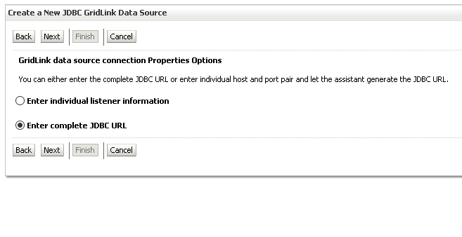 Asistente de WebLogic: opción Enter complete JDBC URL seleccionada