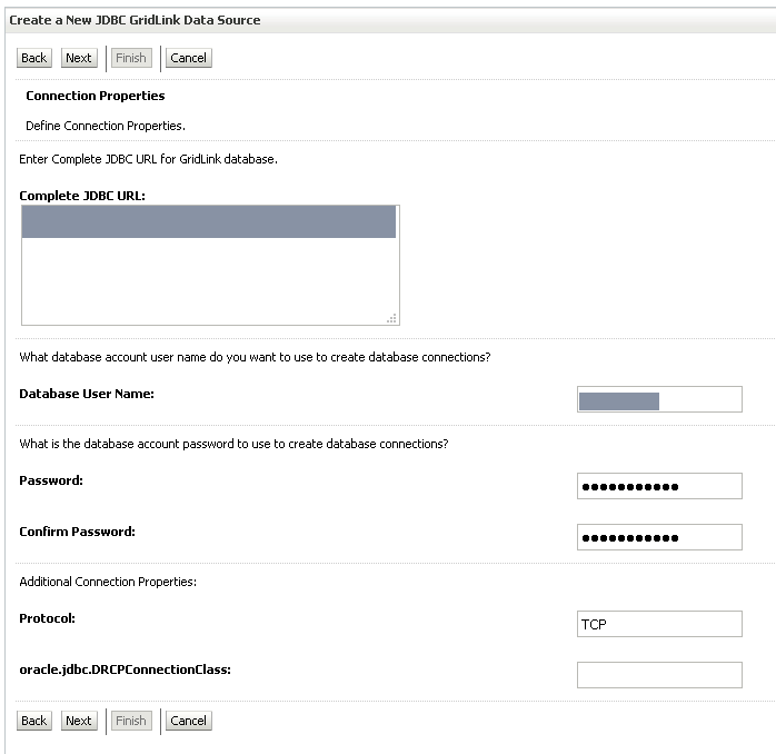 Asistente de WebLogic: URL JDBC completa, usuario y contraseña de la base de datos