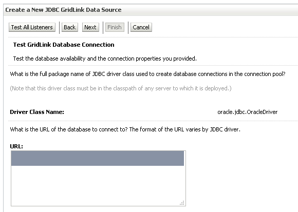 Asistente de WebLogic: pantalla de prueba de conexión con la base de datos RAC