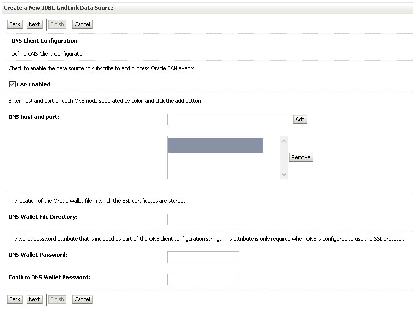 Asistente de WebLogic: configuración del cliente ONS con FAN Enabled y los nodos del RAC