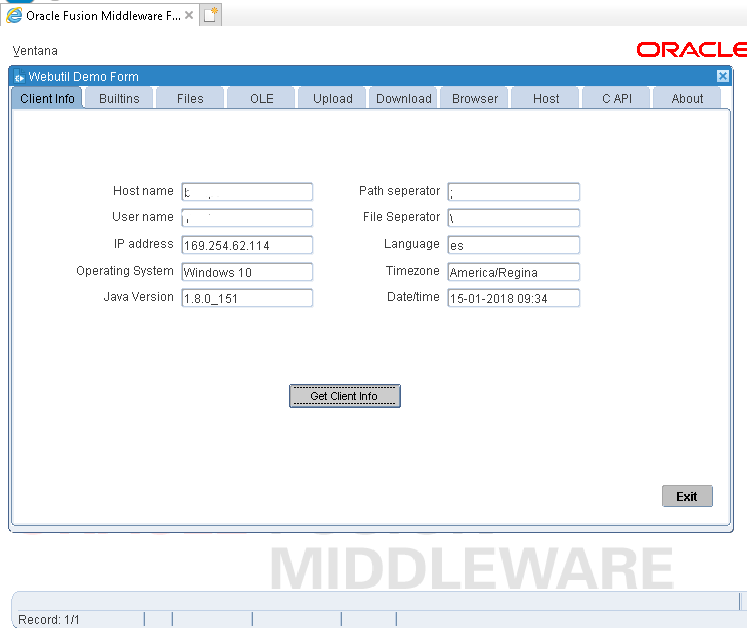 Pestaña Client Info del WebUtil Demo mostrando datos del equipo cliente: sistema operativo, versión de Java y zona horaria