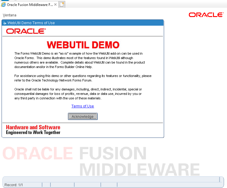 Pantalla de bienvenida del formulario WebUtil Demo de Oracle Forms con el botón Acknowledge
